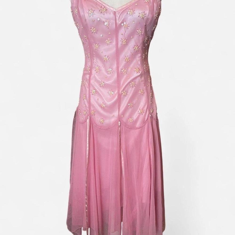 Vintage 90s Betsey Johnson Pink Sequin Mesh Midi Dress coquette size 8